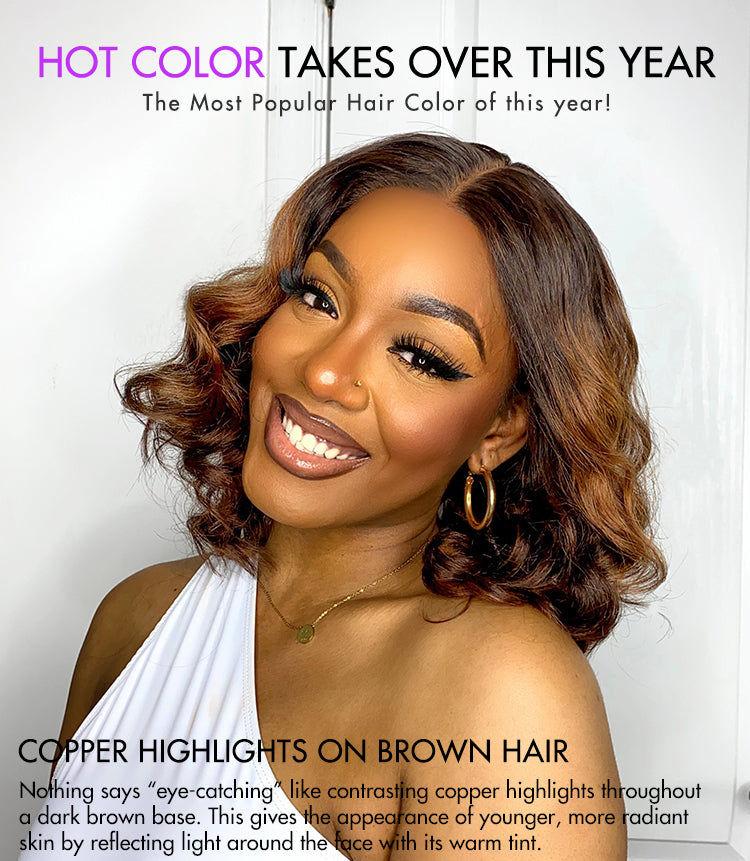 Elegant Brown Ombre Loose Wave Minimalist HD Lace Glueless Short Wig 100% Human Hair Pre-Cut Lace-14