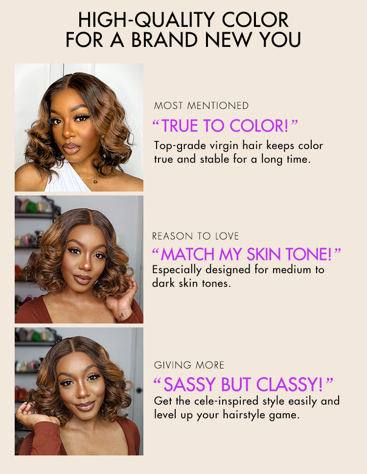 Elegant Brown Ombre Loose Wave Minimalist HD Lace Glueless Short Wig 100% Human Hair Pre-Cut Lace-16