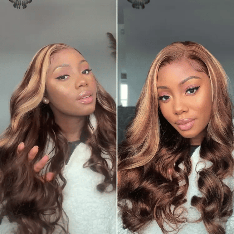 Woman wearing long loose body wave wig with honey blonde highlights, styled with a side part, shown from two angles.