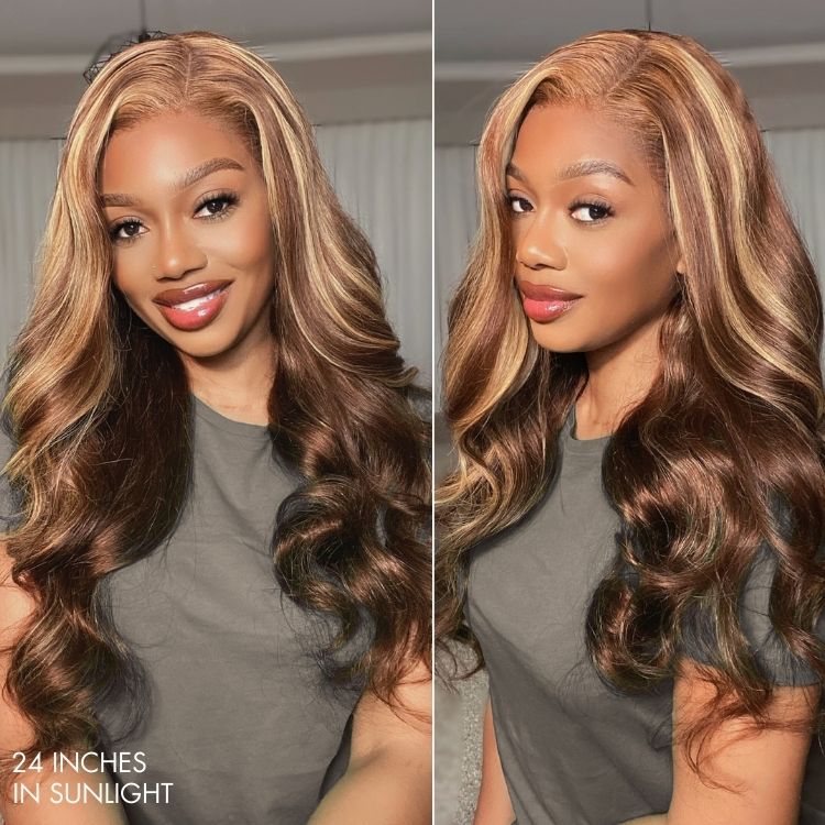 24 Inches Loose Wave Lace Front Wig - Brown Hair with Blonde Highlight