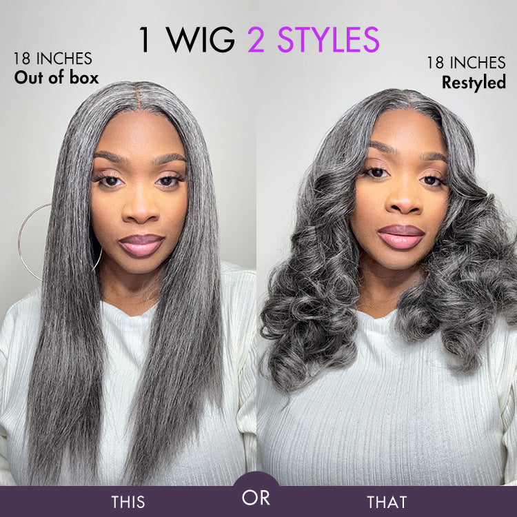 Luvme Hair salt and pepper straight grey T part wig with glueless HD lace and pre-cut lace, 180% density, minimalist style