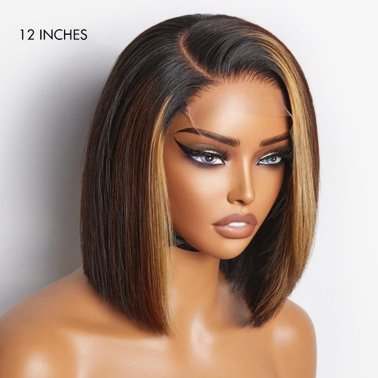 Limited Design | Brown Blonde Combo Highlight Straight Glueless 5x5 Closure HD Lace Bob Wig | Large & Small Cap Size-02