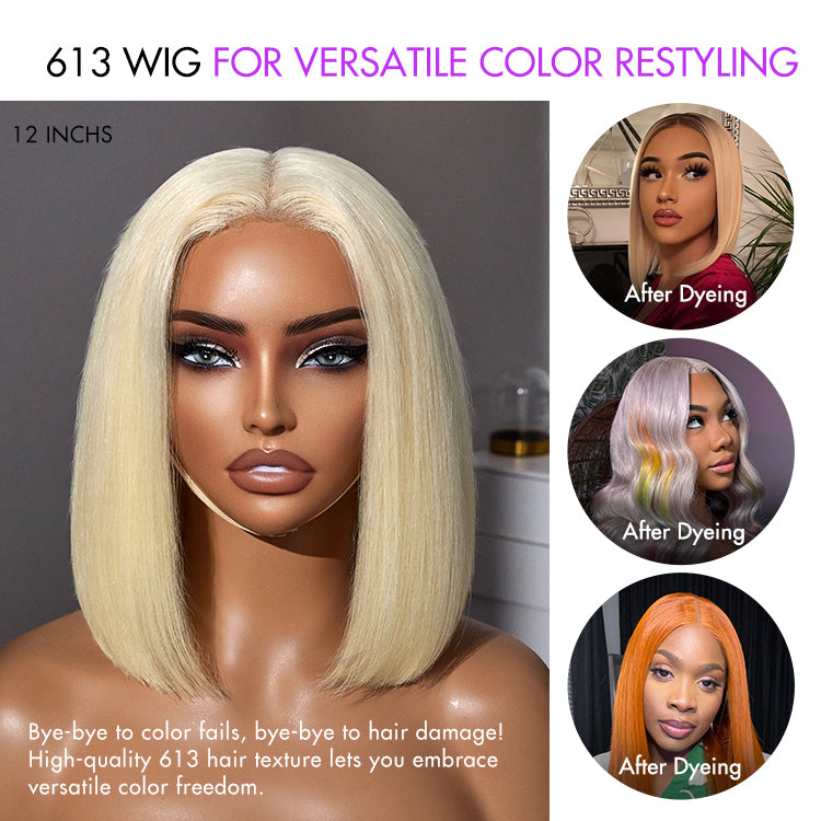 Easily Redyed 613 Blonde Blunt Cut Bob Wig Glueless Deep Middle Part 2x6 HD Lace Wig Pre-Cut Lace-04