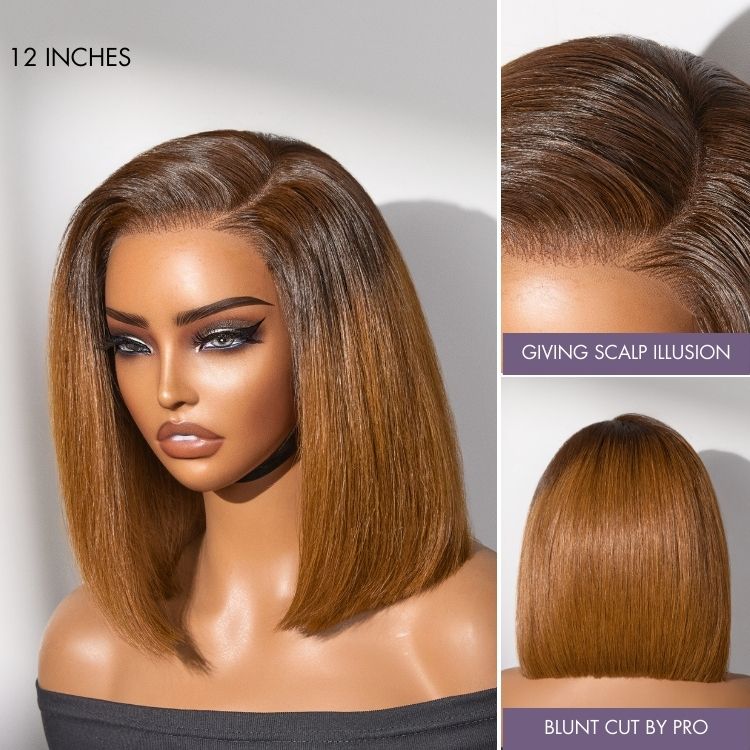 Luvme All-Day Comfort™ short human hair wig with blunt cut bob, glueless style, HD lace, and pre-cut lace for a natural look.