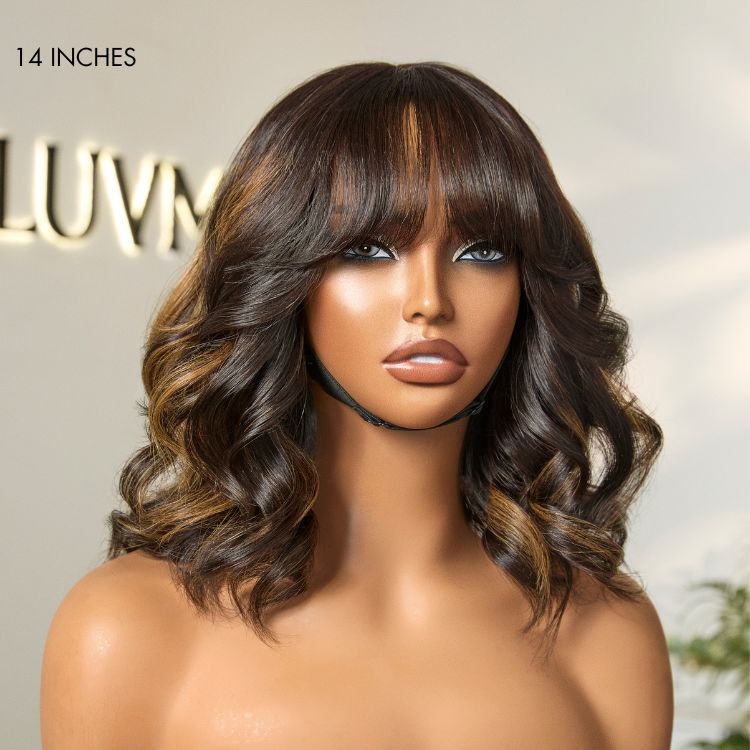 Breathable Cap True Scalp Blonde Highlight Loose Wave Glueless Minimalist Lace Wig with Bangs-04