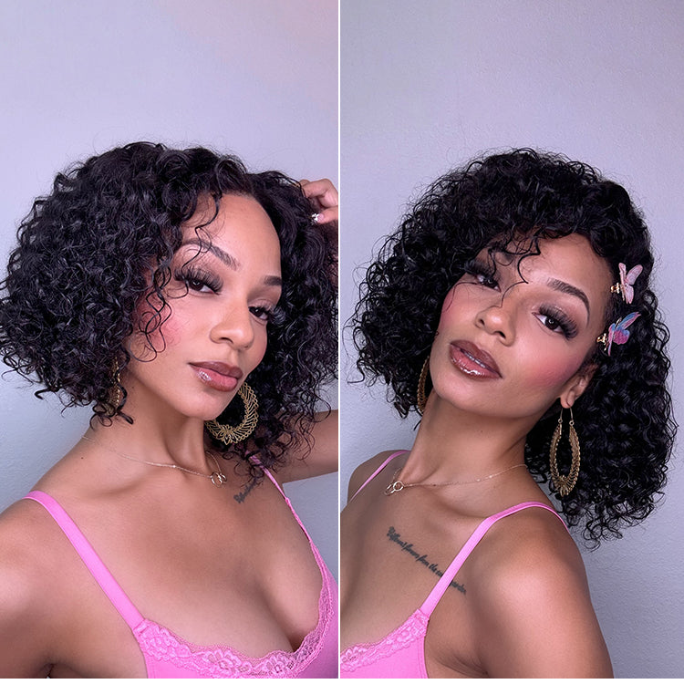 Natural black deep curly lace wig with 5x5 closure, glueless design, breathable cap, by Luvme Hair