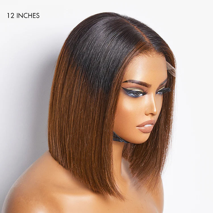 Luvme 5x5 closure wig with ombre highlights, silky blunt cut bob, HD lace, glueless, available in large and small cap sizes.