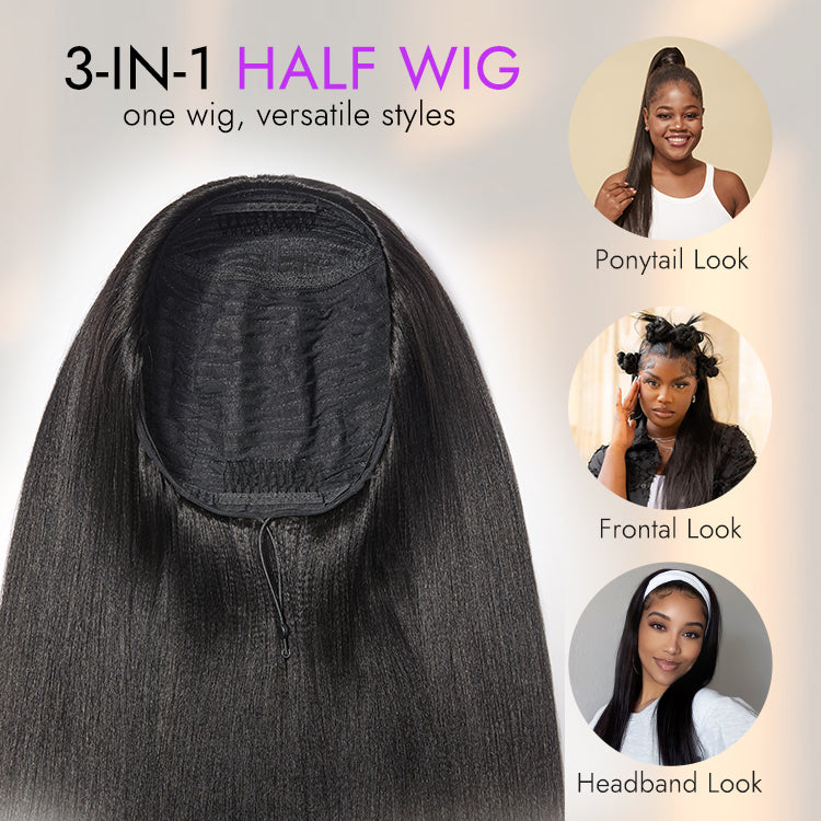 Luvme Hair Too Easy Texture 3-in-1 half wig featuring kinky curly and yaki straight styles with glueless, flexible drawstring fit.