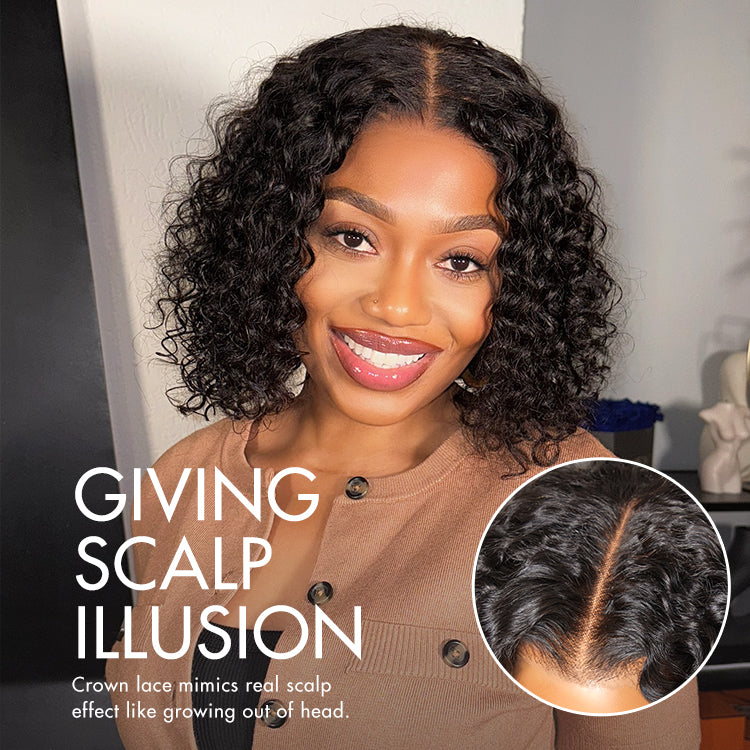 Luvme Hair 5x5 closure lace wig with deep curly style in warm caramel brown and natural black, glueless pre-cut lace cap.