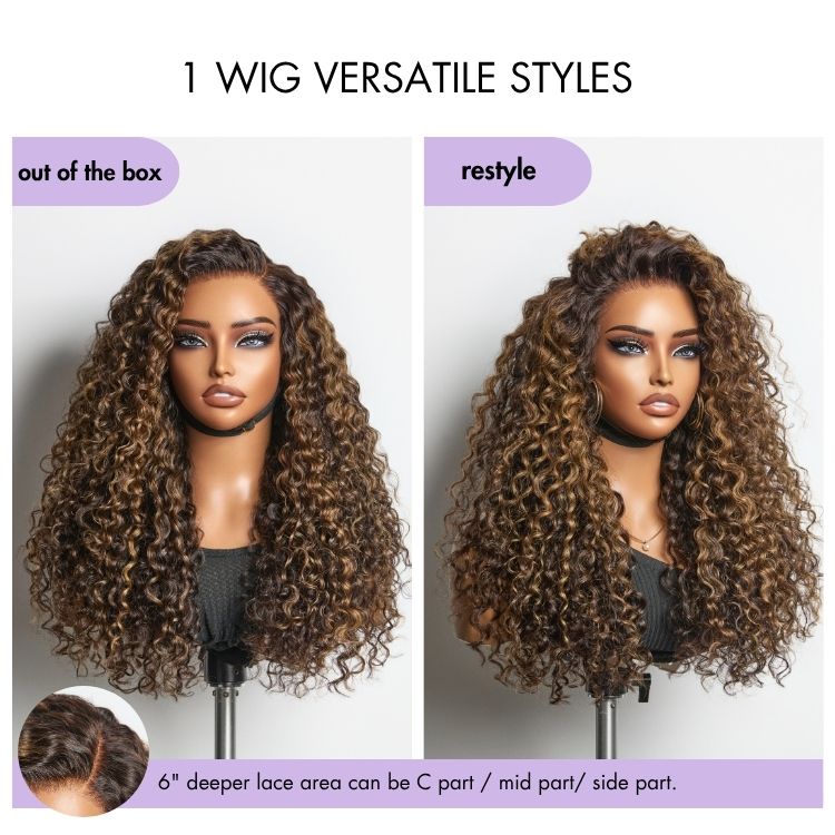 Luvme All-Day Comfort™ Funmi Curly 7x6 HD lace closure wig in Max Brown highlights, glueless pre-cut lace, natural parting.
