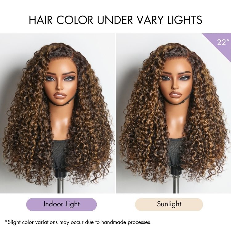 Luvme All-Day Comfort Curly Wig with 7x6 HD lace closure, brown highlights, pre-cut lace, glueless design, featuring natural parting.