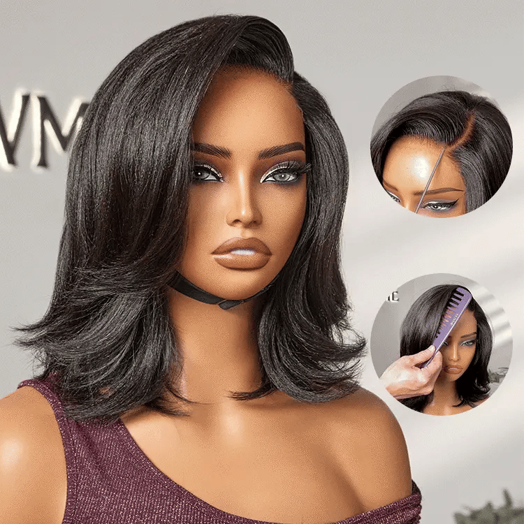 Natural Look Yaki Texture Layered Bangs Bob Wig Glueless Minimalist HD Lace Human Hair Wig Pre-Cut Lace-01