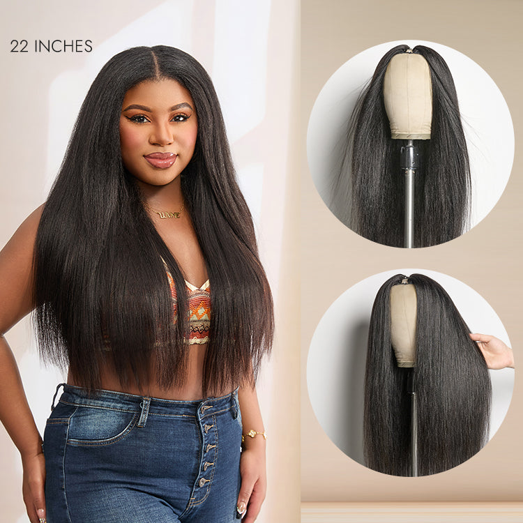 Luvme Hair Too Easy Texture™ wig featuring kinky curly and yaki straight styles with V part, drawstring, and flexi-fit design.