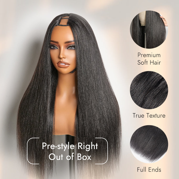 Luvme Hair Too Easy Texture™ wig featuring kinky curly and yaki straight styles, glueless V part, drawstring, 180% density.