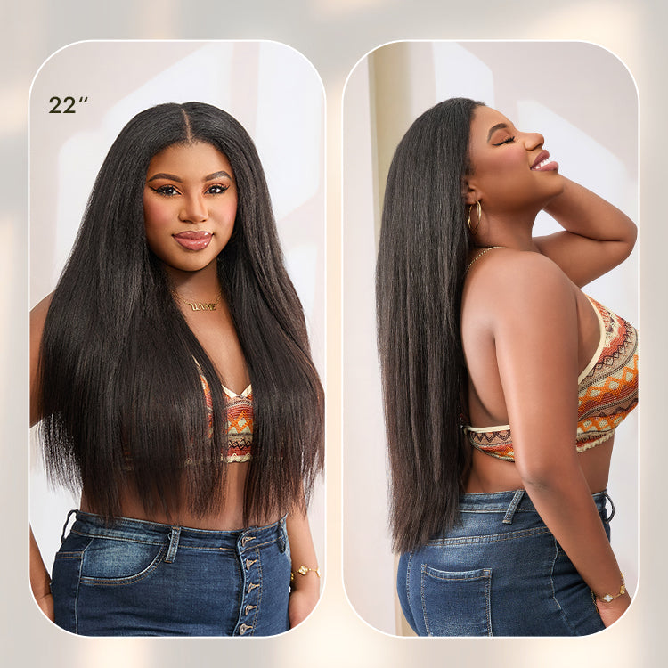 Luvme Hair Too Easy Texture™ wig with 180% density, kinky curly and yaki straight styles, glueless V part, adjustable drawstring.