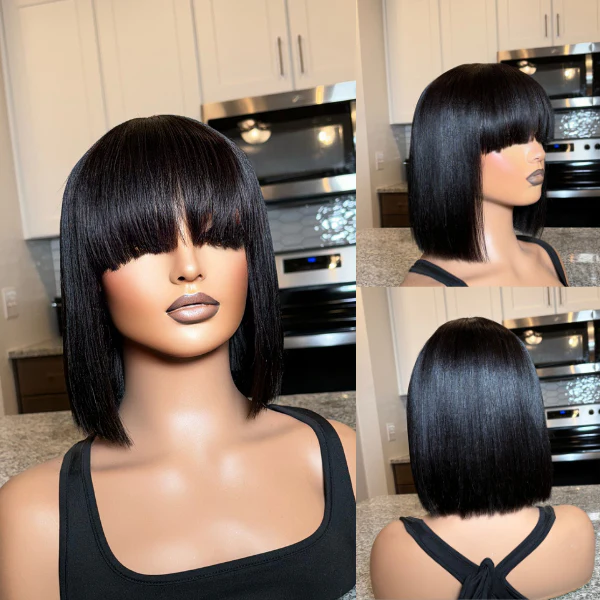 Exclusive Discount | Put On and Go Realistic Glueless Yaki Straight Bob With Bangs Minimalist HD Lace Wig 100% Human Hair-02