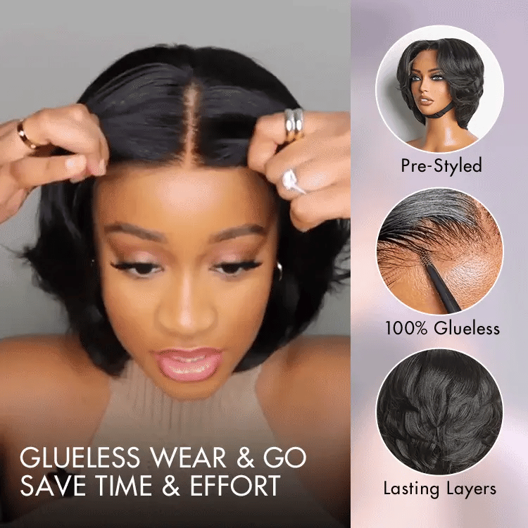 1 SEC INSTALL WIG | Elegant Boss Vibe Short Pixie Cut Natural Black / Ombre Brown Glueless Minimalist HD Lace Wig Pre Cut Lace-06