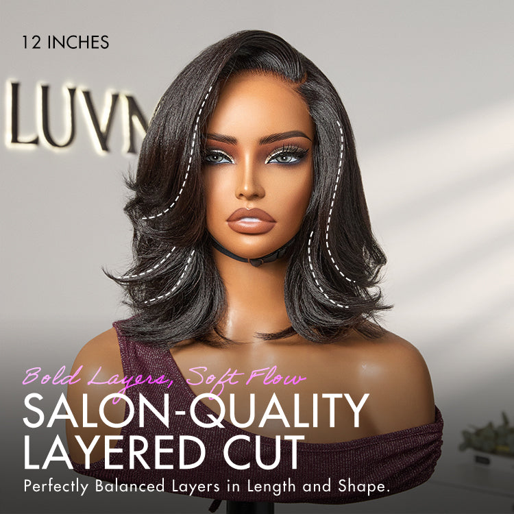 Natural Look Yaki Texture Layered Bangs Bob Wig Glueless Minimalist HD Lace Human Hair Wig Pre-Cut Lace-15