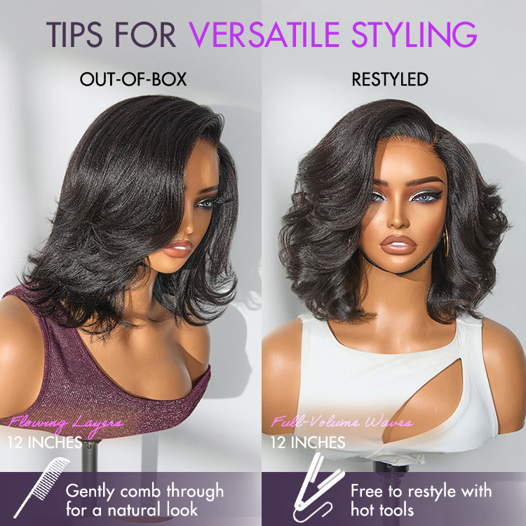 Natural Look Yaki Texture Layered Bangs Bob Wig Glueless Minimalist HD Lace Human Hair Wig Pre-Cut Lace-17