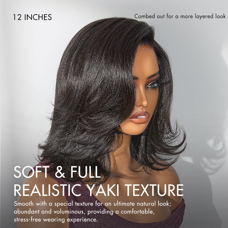 Natural Look Yaki Texture Layered Bangs Bob Wig Glueless Minimalist HD Lace Human Hair Wig Pre-Cut Lace-16