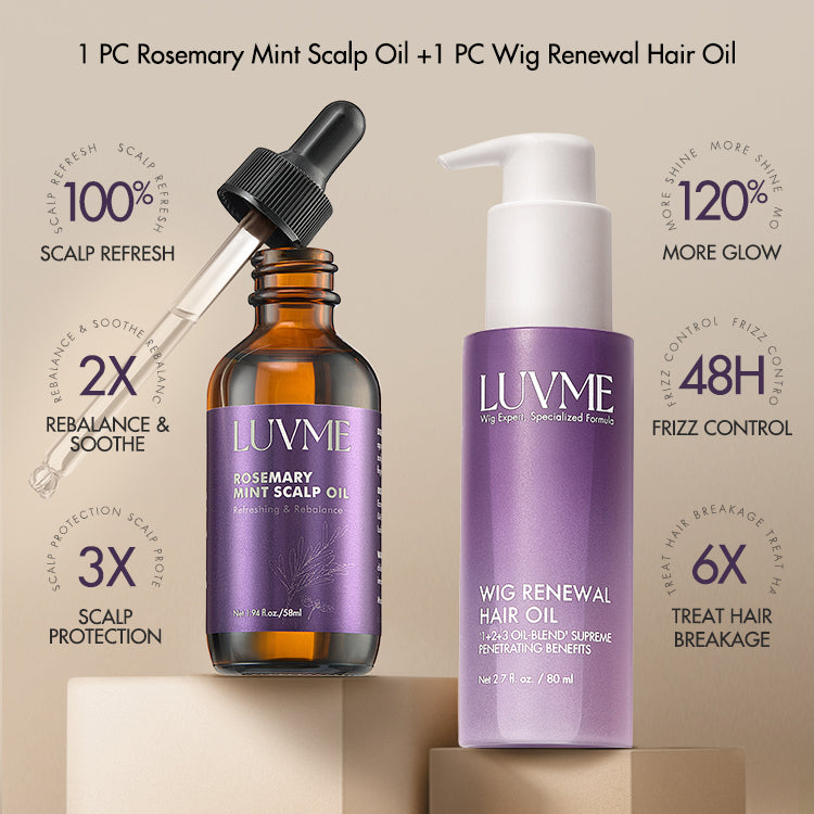 Luvme Rosemary Mint Scalp Oil and Wig Renewal Hair Oil bottles, featuring rosemary mint ingredients and sleek packaging.
