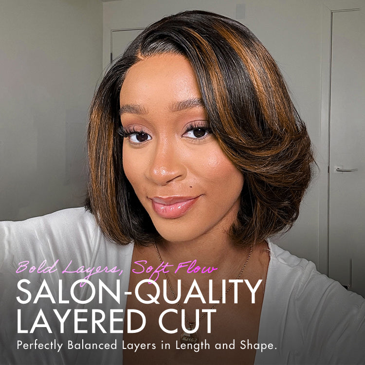 Trendy Brown Highlight Layered Bob Blowout Glueless 5x5 Lace Closure Wig 100% Human Hair Pre-Cut Lace-02