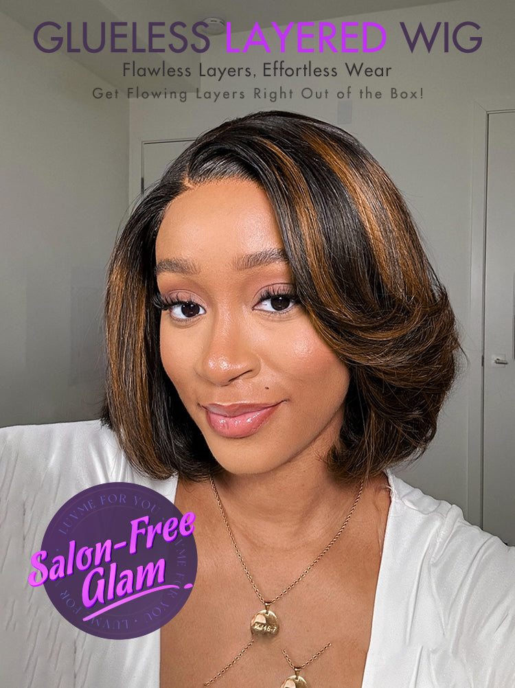 New Customers Only | Trendy Brown Highlight Layered Bob Blowout Glueless 5x5 Lace Closure Wig 100% Human Hair Pre-Cut Lace-10