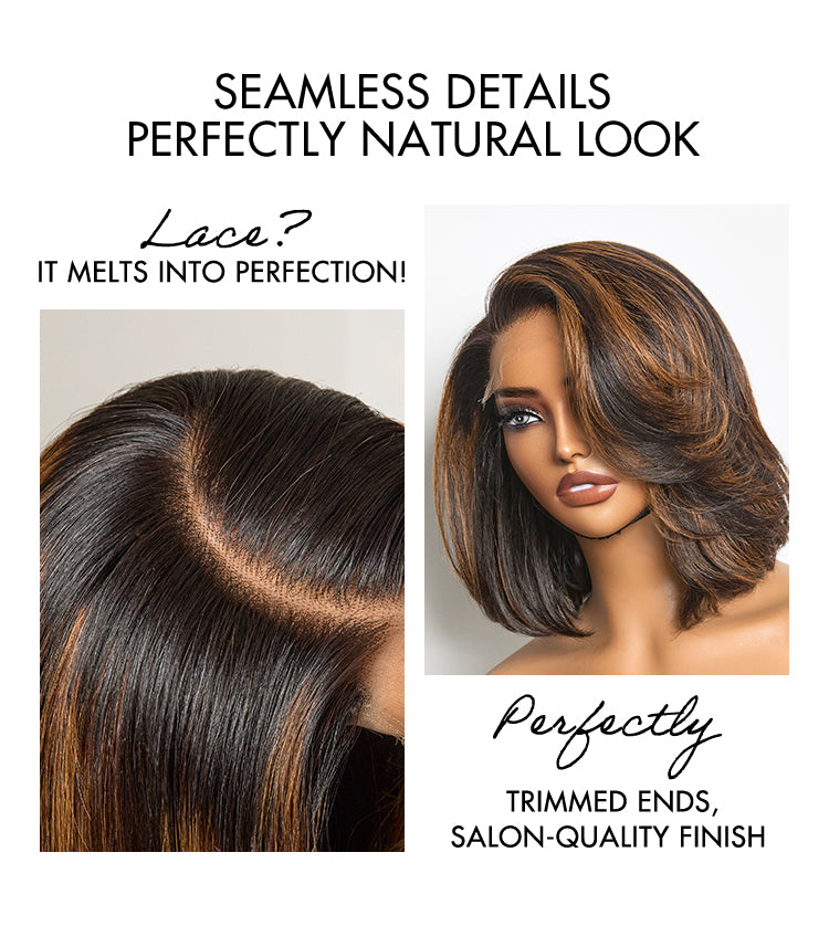New Customers Only | Trendy Brown Highlight Layered Bob Blowout Glueless 5x5 Lace Closure Wig 100% Human Hair Pre-Cut Lace-13