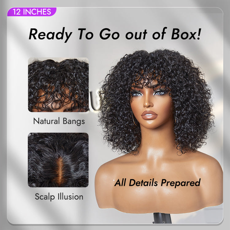 Luvme short curly lace glueless water wave wig with bangs, beginner-friendly minimalistic design, natural-looking hair.