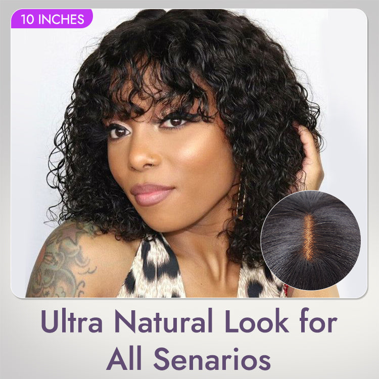 New Customers Only | Beginner Friendly Water Wave Minimalist Lace Glueless Short Curly Wig with Bangs-03