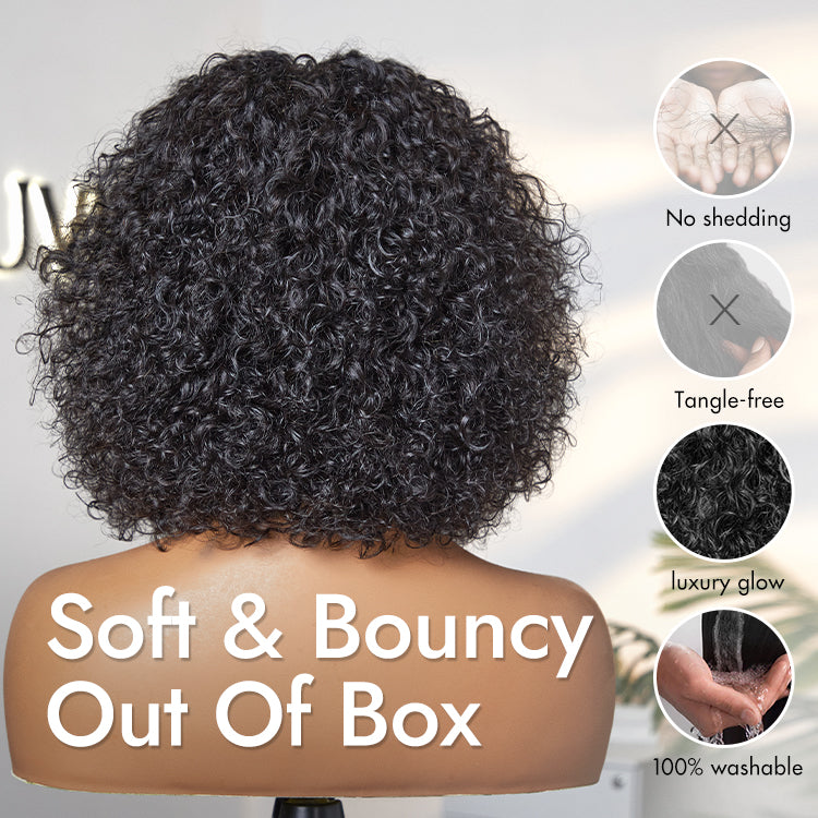 Luvme beginner-friendly water wave lace-free short curly wig with bangs, showcasing natural minimalistic style and soft texture.