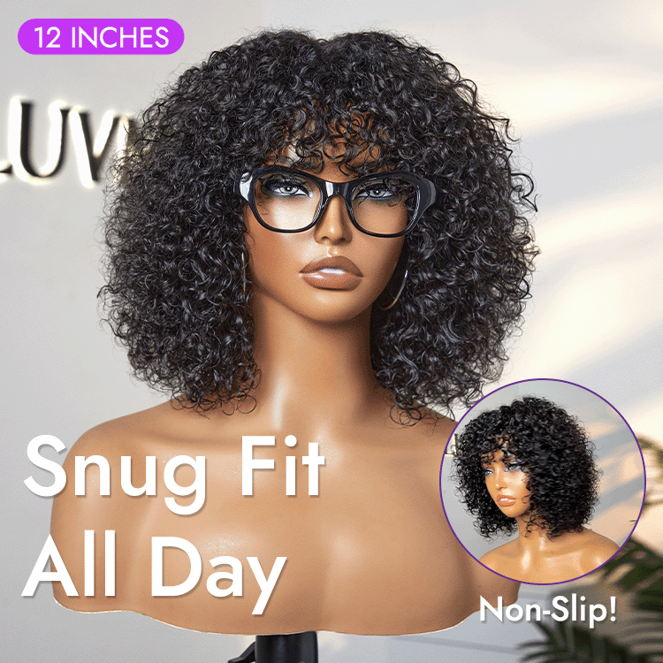 Luvme water wave curly lace glueless short wig with bangs, beginner-friendly, minimalist design, natural-looking hair style.