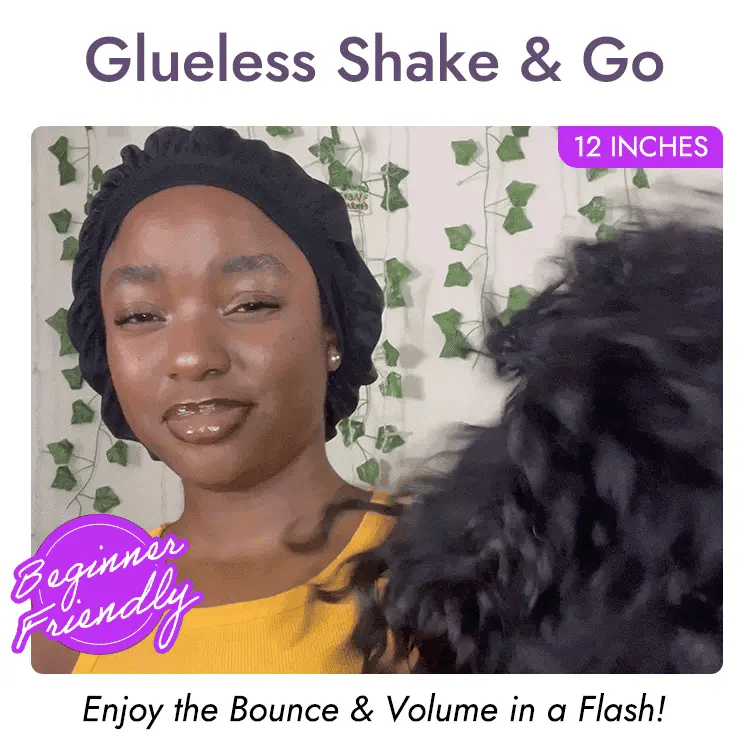 Luvme water wave short curly lace wig with bangs, beginner-friendly, glueless, minimalist design, natural black color.