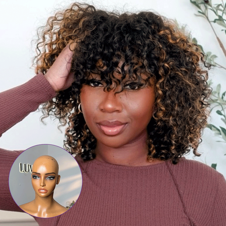 Crazy Wednesday | 1 SEC INSTALL WIG | Brown Highlight Water Wave Natural Scalp Glueless Minimalist Lace Short Curly Wig with Bangs-01