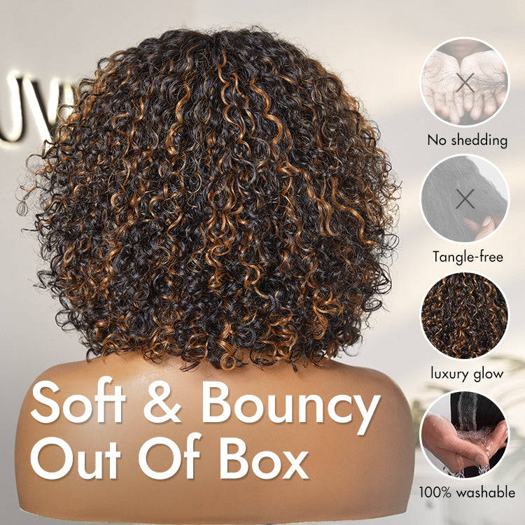 1 SEC INSTALL WIG | Brown Highlight Water Wave Natural Scalp Glueless Minimalist Lace Short Curly Wig with Bangs-18