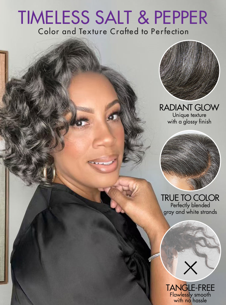 Elegant Salt & Pepper Grey Wig Loose Body Wave Glueless Minimalist Lace Short Wig Pre-Cut Lace-06