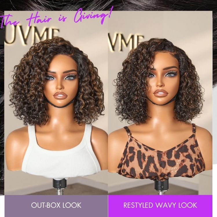 Blonde Highlight Short Curly Glueless Minimalist HD Lace Human Hair Wig-12