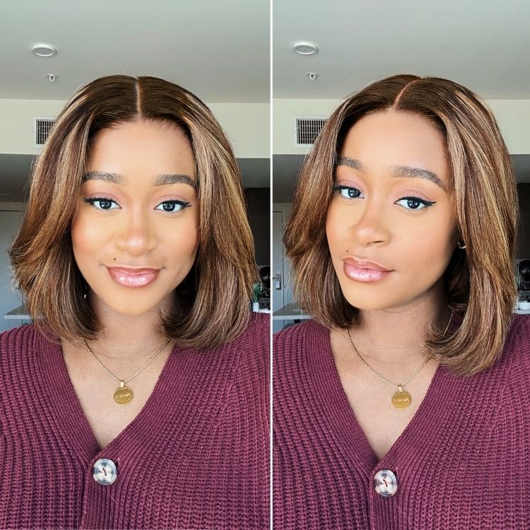Luvme Hair blonde and brown highlight layered bob wig with glueless 5x5 lace closure, short style, pre-cut lace for easy wear
