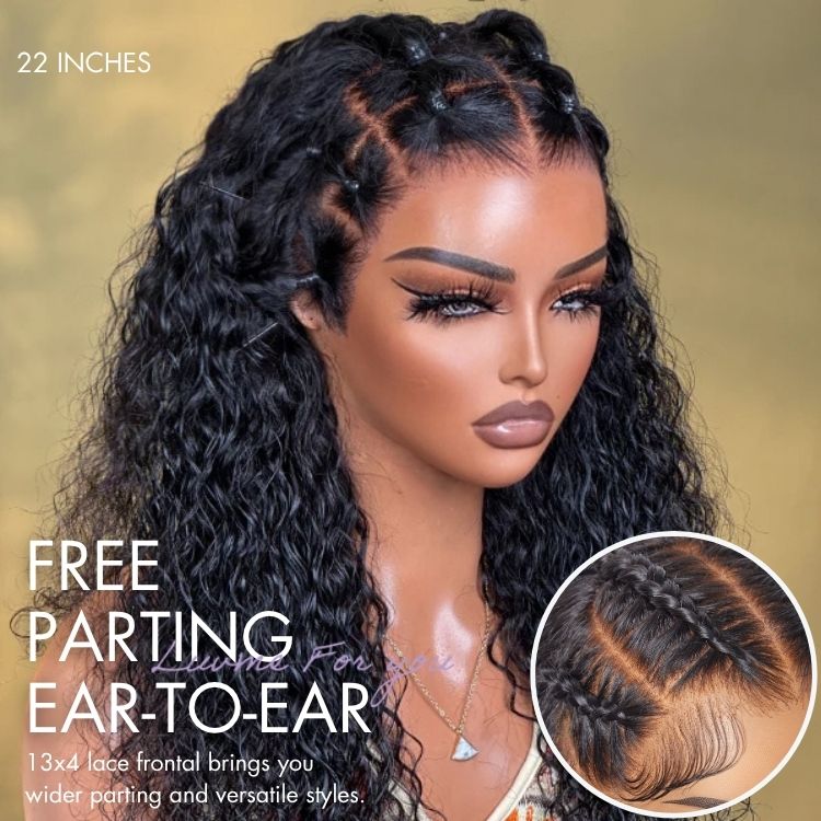 Luvme Hair water wave 13x4 frontal lace wig with pre-cut, fluffy curly texture, glueless, flexi-fit drawstring for natural look