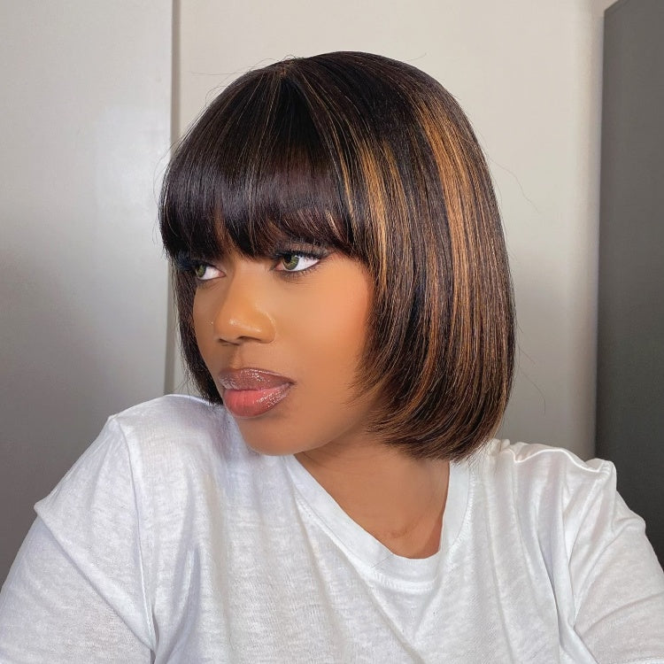 Weekly Special | Put On and Go Reddish Purple / Brown Highlight / Natural Black Layered Cut Yaki Straight Minimalist Lace Bob Wig with Bangs-04