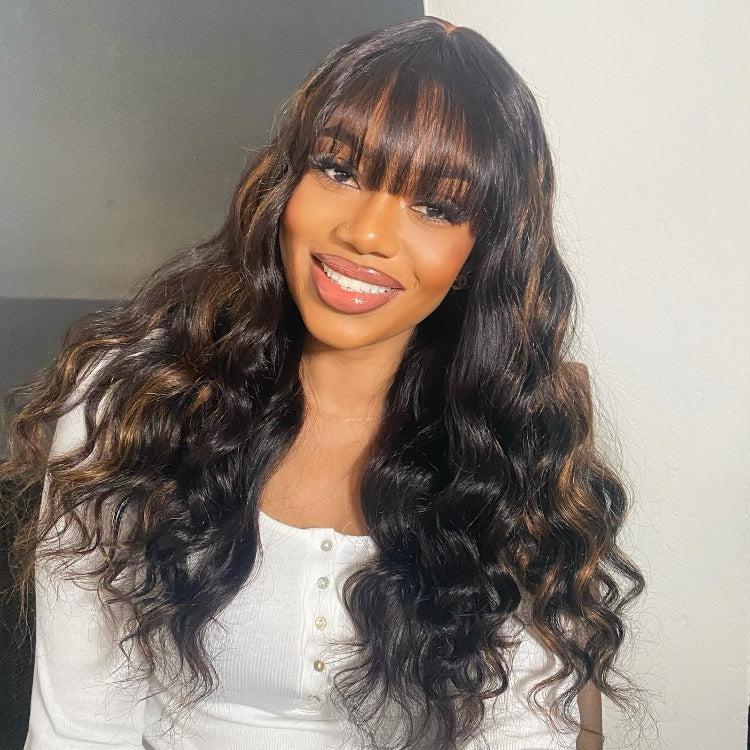 Luvme Hair Crazy Wednesday lace wig with blonde highlights, loose waves, bangs, and minimal lace for a natural look.