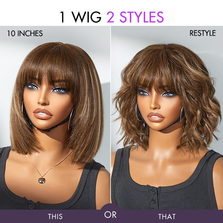 Special Offer | Put On and Go Reddish Purple / Brown Highlight / Natural Black Layered Cut Yaki Straight Minimalist Lace Bob Wig with Bangs-03