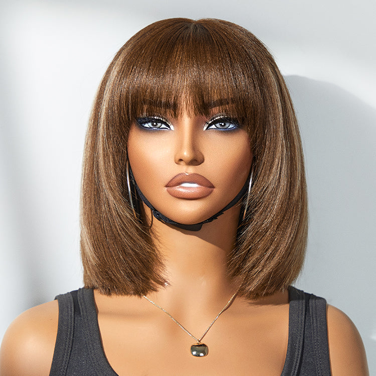 Brown highlight layered cut yaki straight bob wig with bangs