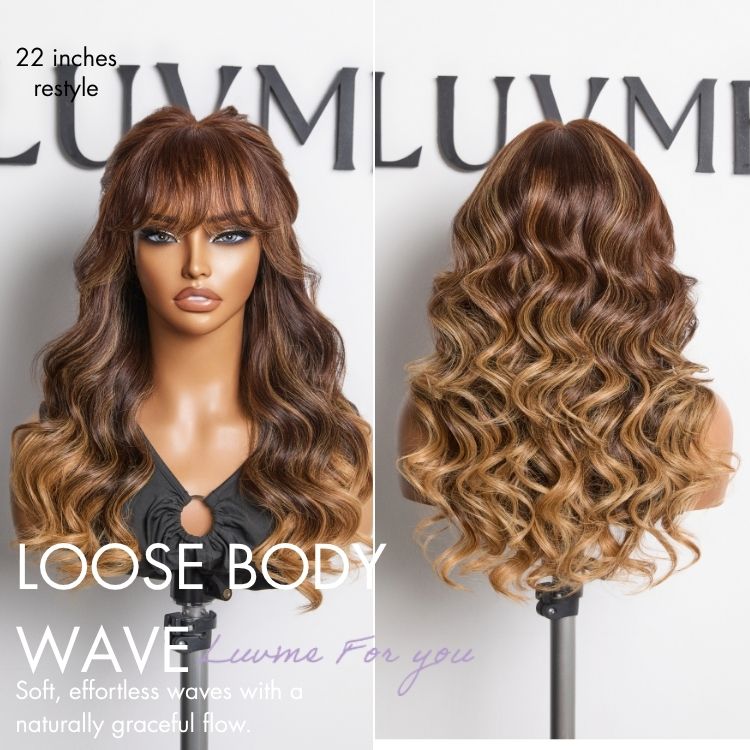 Luvme Hair All-Day Comfort™ loose body wave human hair wig with 7x6 HD lace closure, pre-cut lace, and bangs