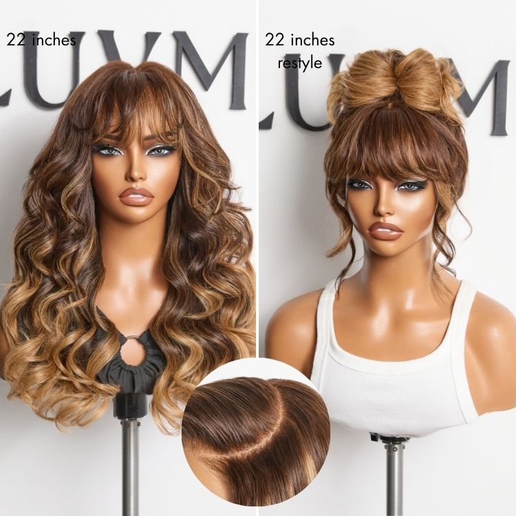 Luvme Hair All-Day Comfort™ loose body wave wig with 7x6 HD lace closure, human hair, bangs, and pre-cut lace.