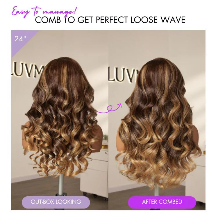 Luvme All-Day Comfort™ loose body wave human hair wig with 7x6 HD lace closure, bangs, and pre-cut lace, 180% density.