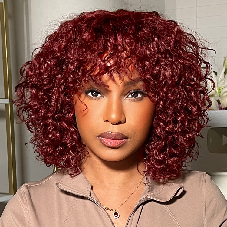 Beginner Friendly Dark Red Water Wave Glueless Minimalist Lace Curly Wig with Bangs-01