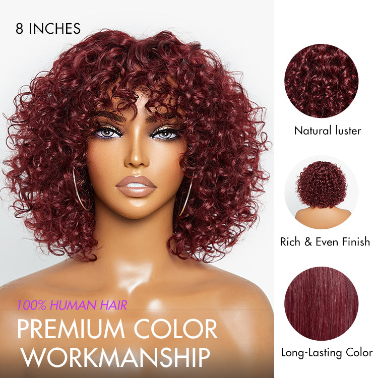 Beginner Friendly Dark Red Water Wave Glueless Minimalist Lace Wig with Bangs