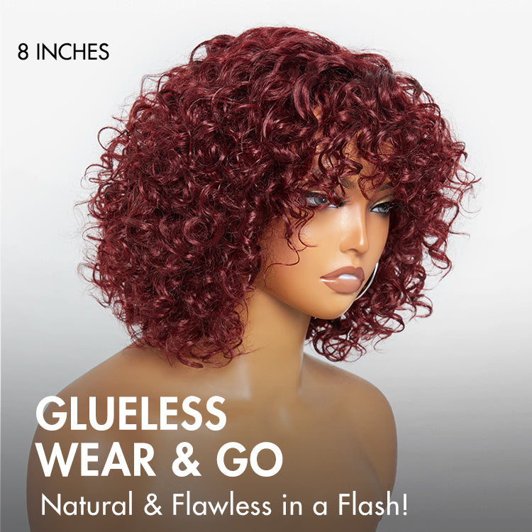 Beginner Friendly Dark Red Water Wave Glueless Minimalist Lace Curly Wig with Bangs-04