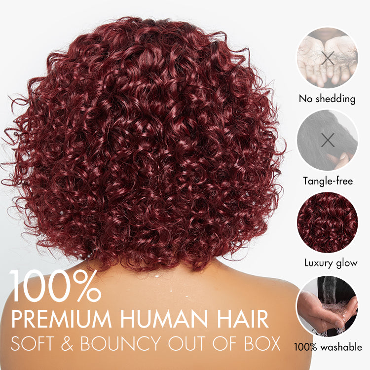 Beginner Friendly Dark Red Water Wave Glueless Minimalist Lace Curly Wig with Bangs-06